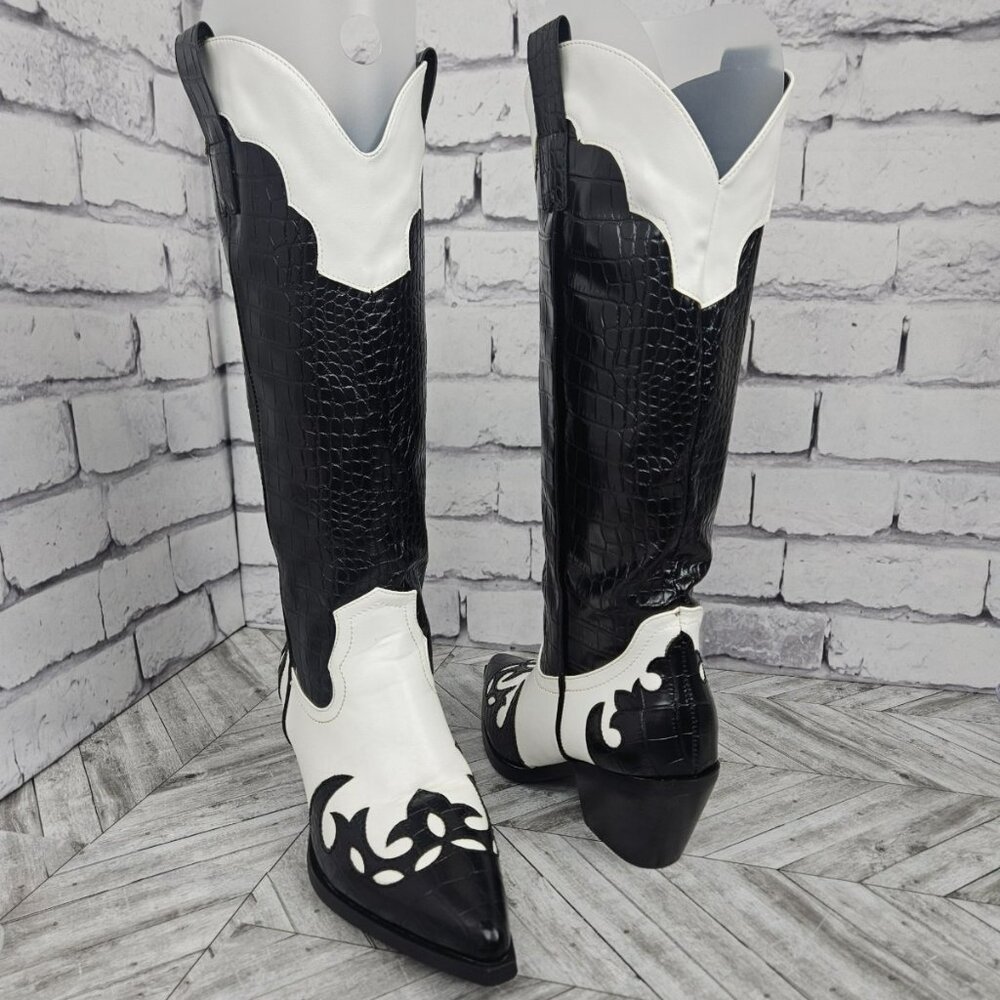 Black & White Over-the-Knee Western Boots with Pointed Toe